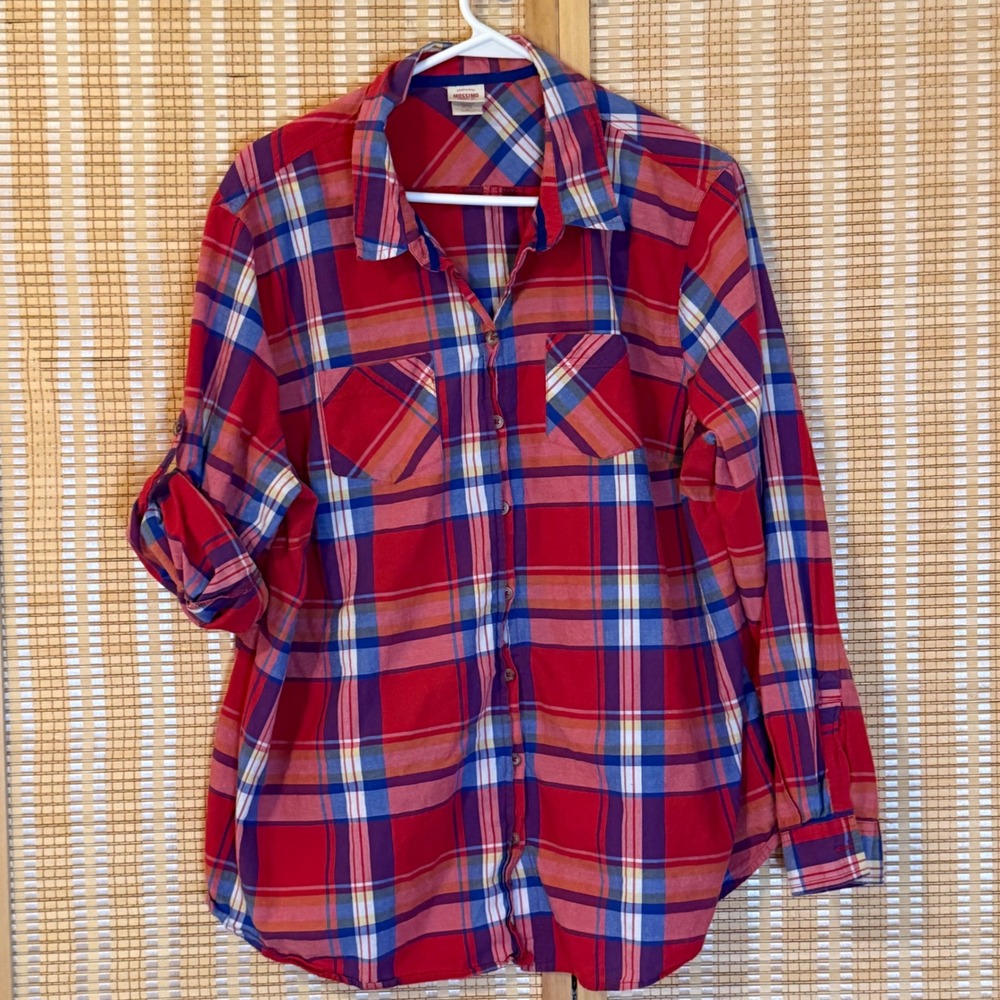 Mossimo Supply Co Red Plaid Button Down Shirt Womens 2/L Roll Sleeve‎ Western